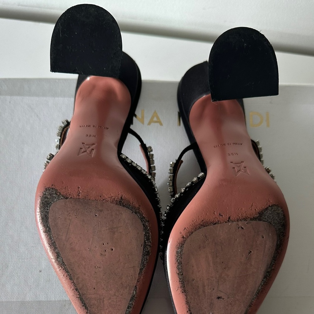 Amina Muaddi Black Satin Gilda Heels Pumps with Crystal Accents - Picture 9 of 13